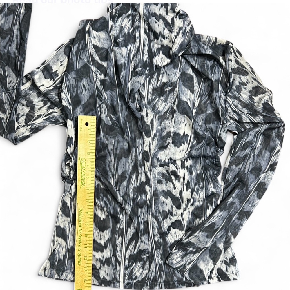 ALLSAINTS Blue Mesh Top 6, Long Sleeve High Neck W/Cross Design And Ruffle Sides - Picture 8 of 9